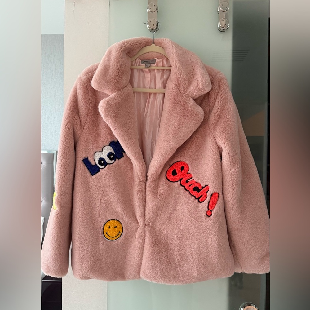 Casting LA Faux Fur Pink Coat Jacket with stickers size S